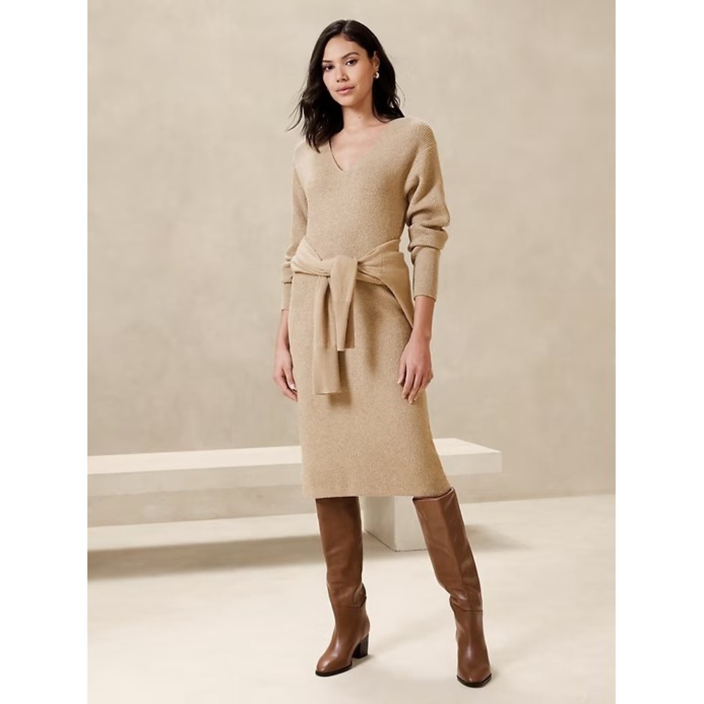 NWT Banana Republic V Neck Midi Sweater Dress Tan Medium New - Picture 5 of 5